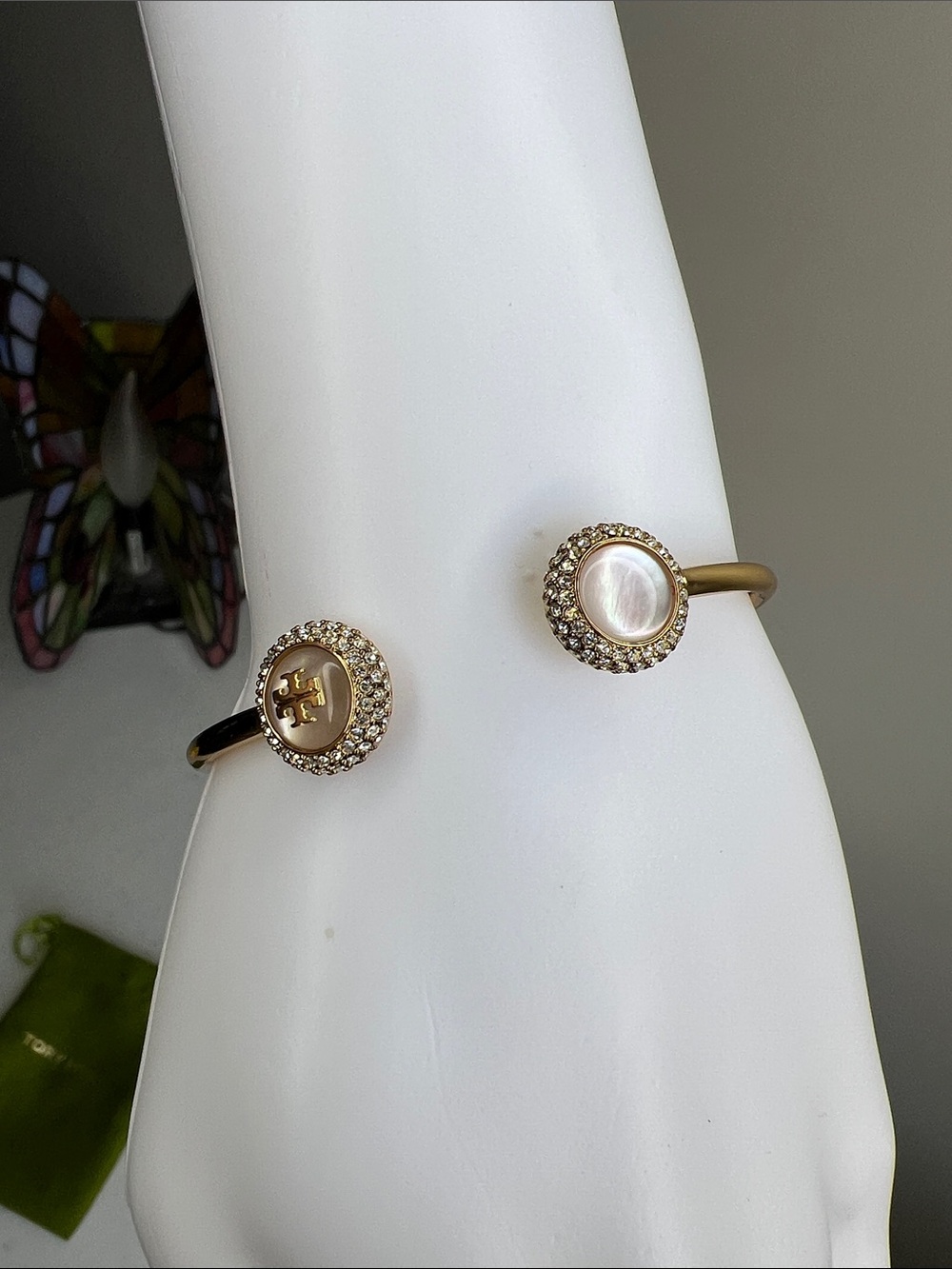 Tory Burch Gold-Tone Open Bracelet with Mother-of-Pearl and Crystal Halo